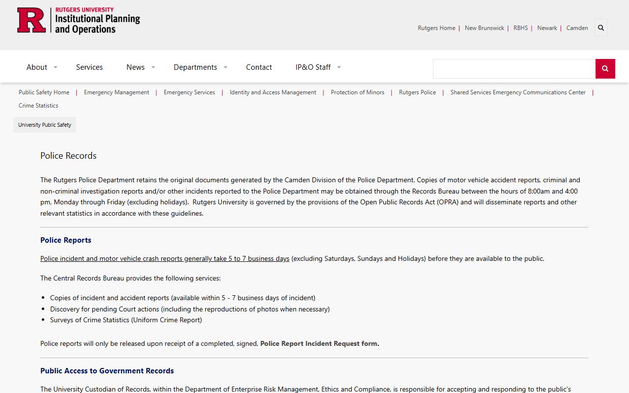 Rutgers University Police Camden Division records page for requesting campus police records