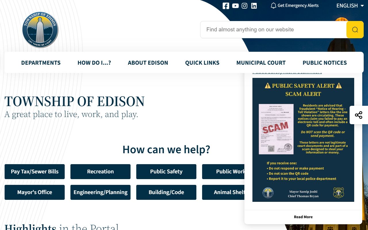 Edison Township portal for accessing Edison police records