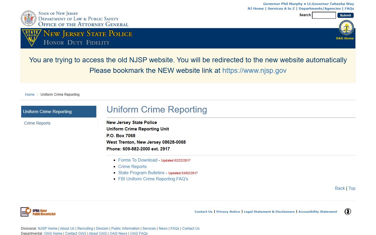 New Jersey State Police Uniform Crime Report page showing Toms River crime statistics