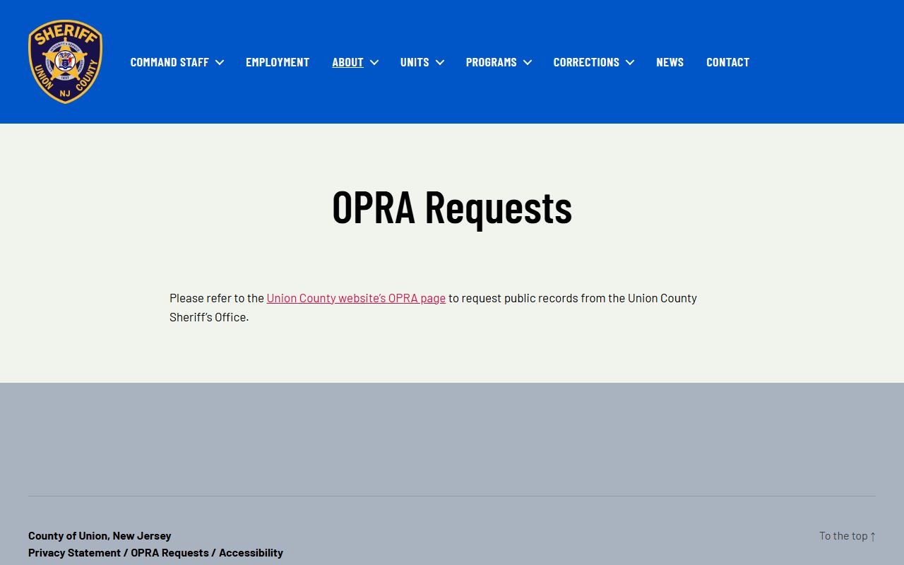 County sheriff OPRA request page for records related to Union City