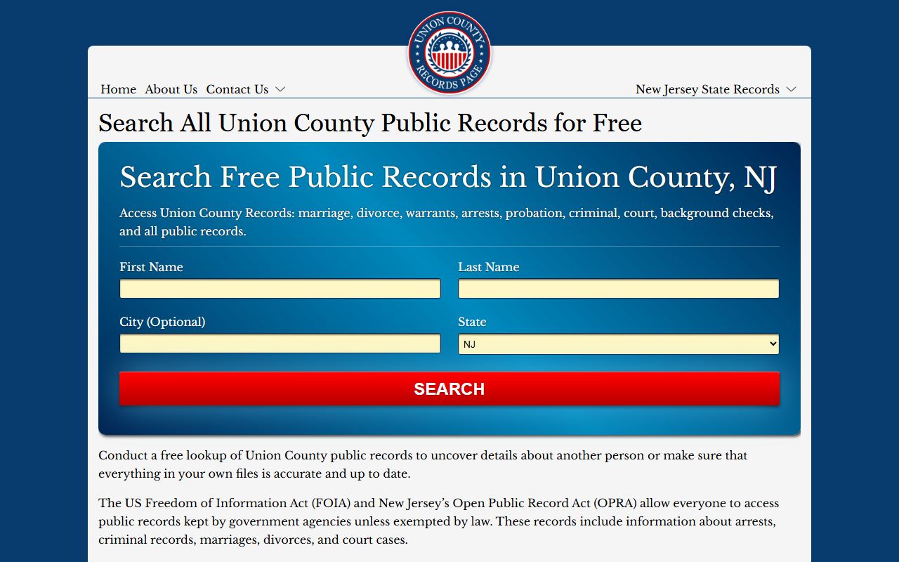 Union County public records search page for Union Township police records