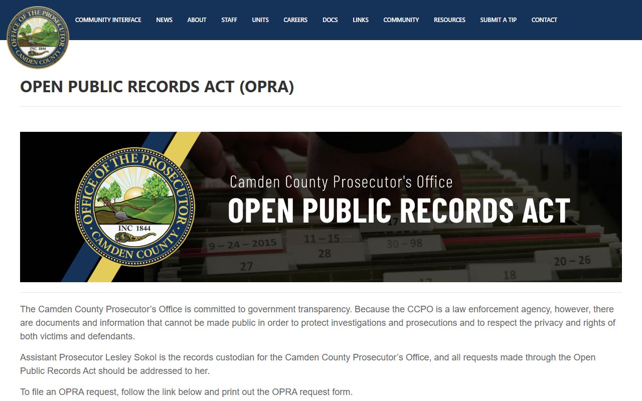 Camden County Prosecutor OPRA page for police records