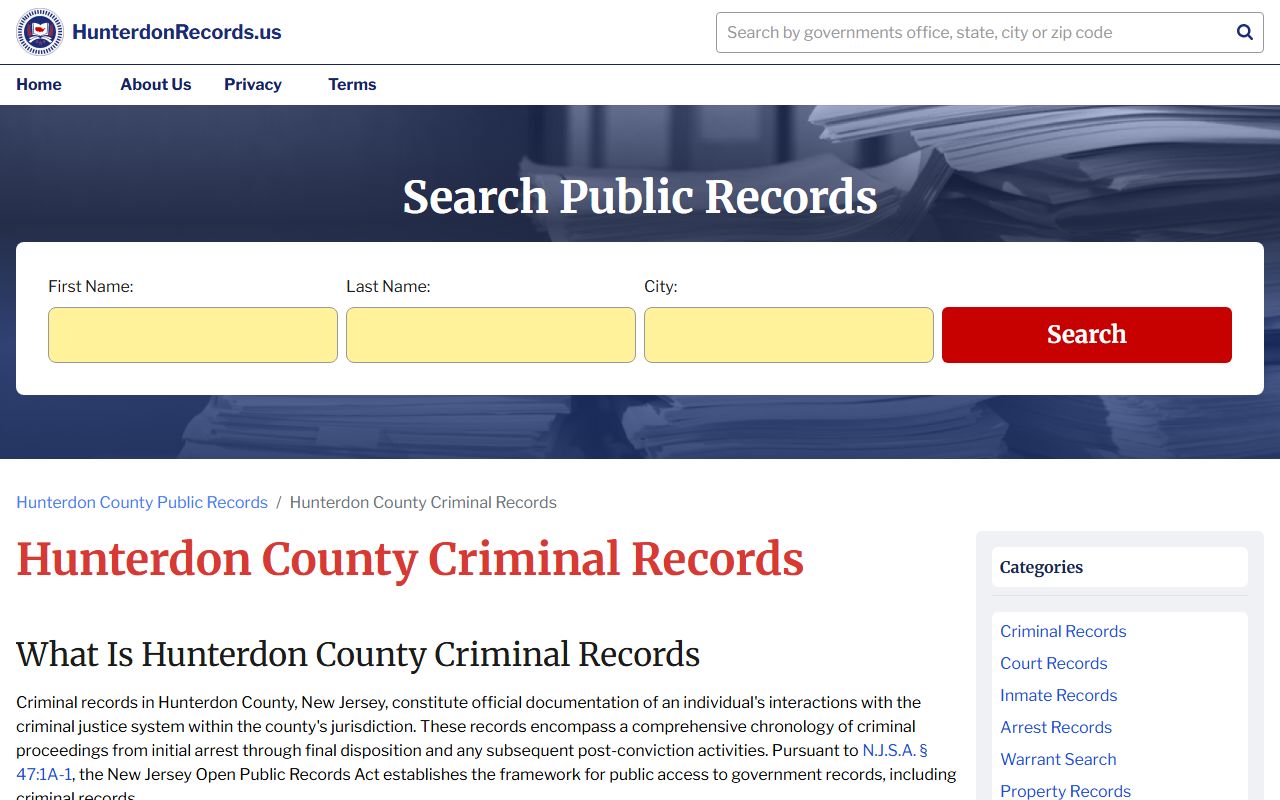 Hunterdon County criminal records search tool for police records