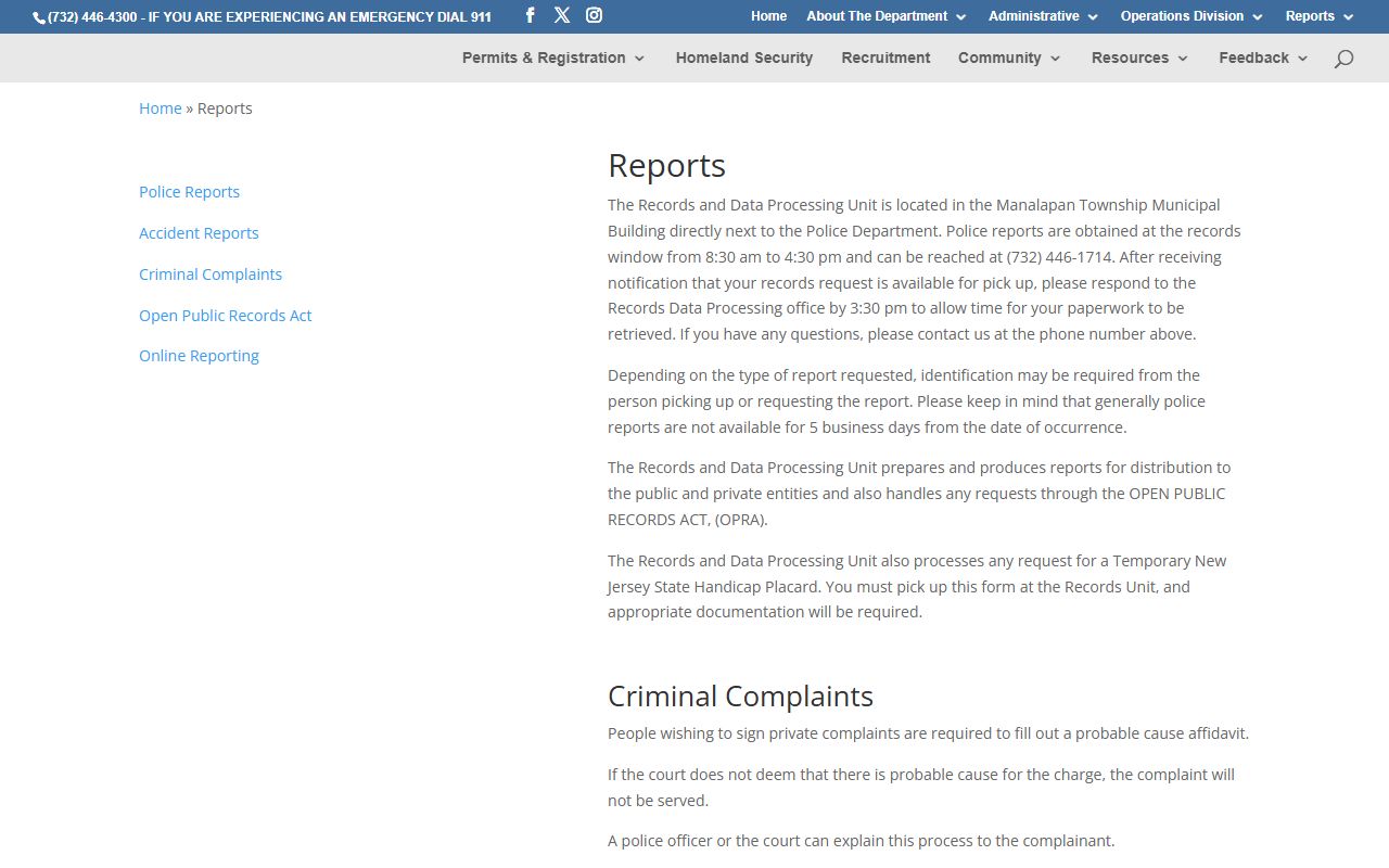 Manalapan Police Department records page for Monmouth County police records