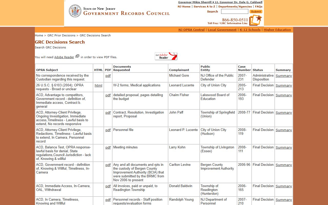 New Jersey GRC Decisions Database for police records rulings