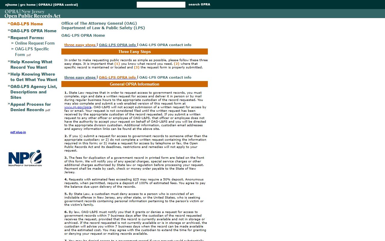 New Jersey OPRA main page for police records requests